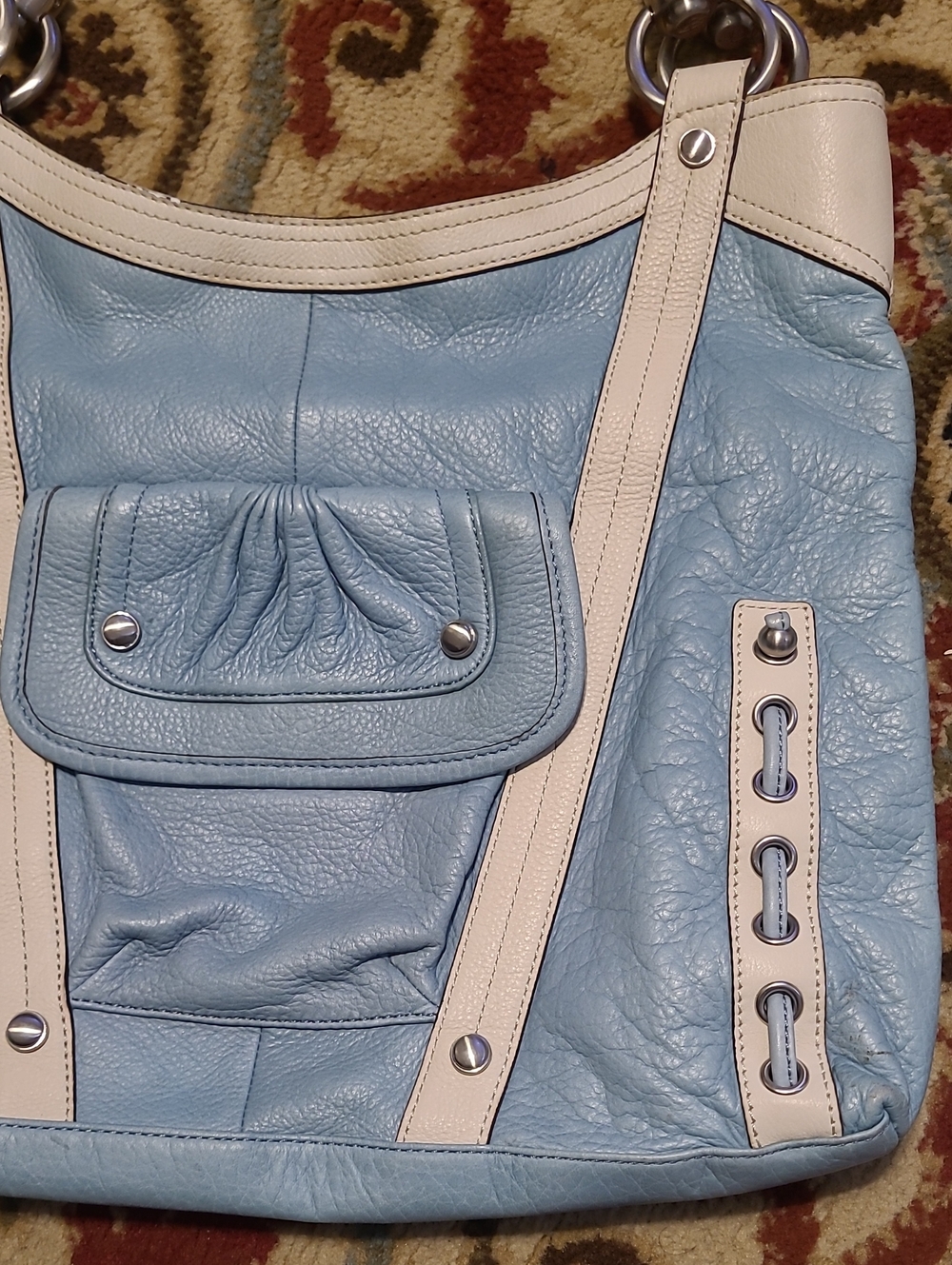 B. Makowsky Large Leather Hobo Satchel Sky Blue Cream Braided Rope Handles - Picture 4 of 16